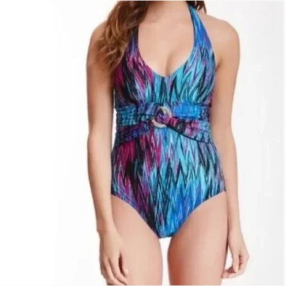 SPANX Wavelength Sea Goddess Belted Halter Tie One Piece Swimsuit Size 8 - Picture 1 of 8